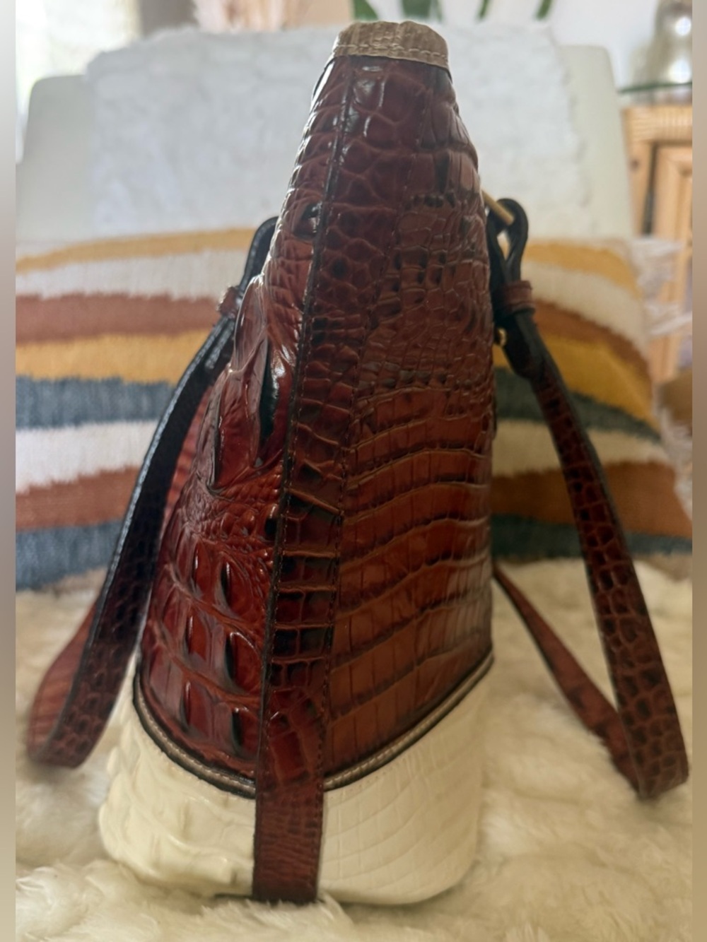 Brahmin Asher Tote Pecan Cream Croc Embossed Leather Bag VGUC - Picture 8 of 16